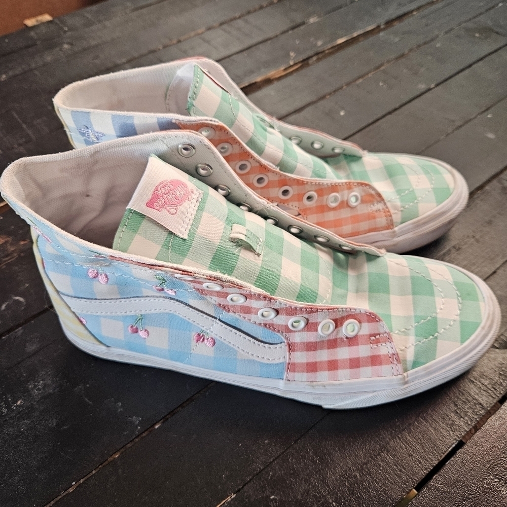 Vans Women's 10 Pastel Checkered High-Top Sneakers Gingham Embroidered Cherries